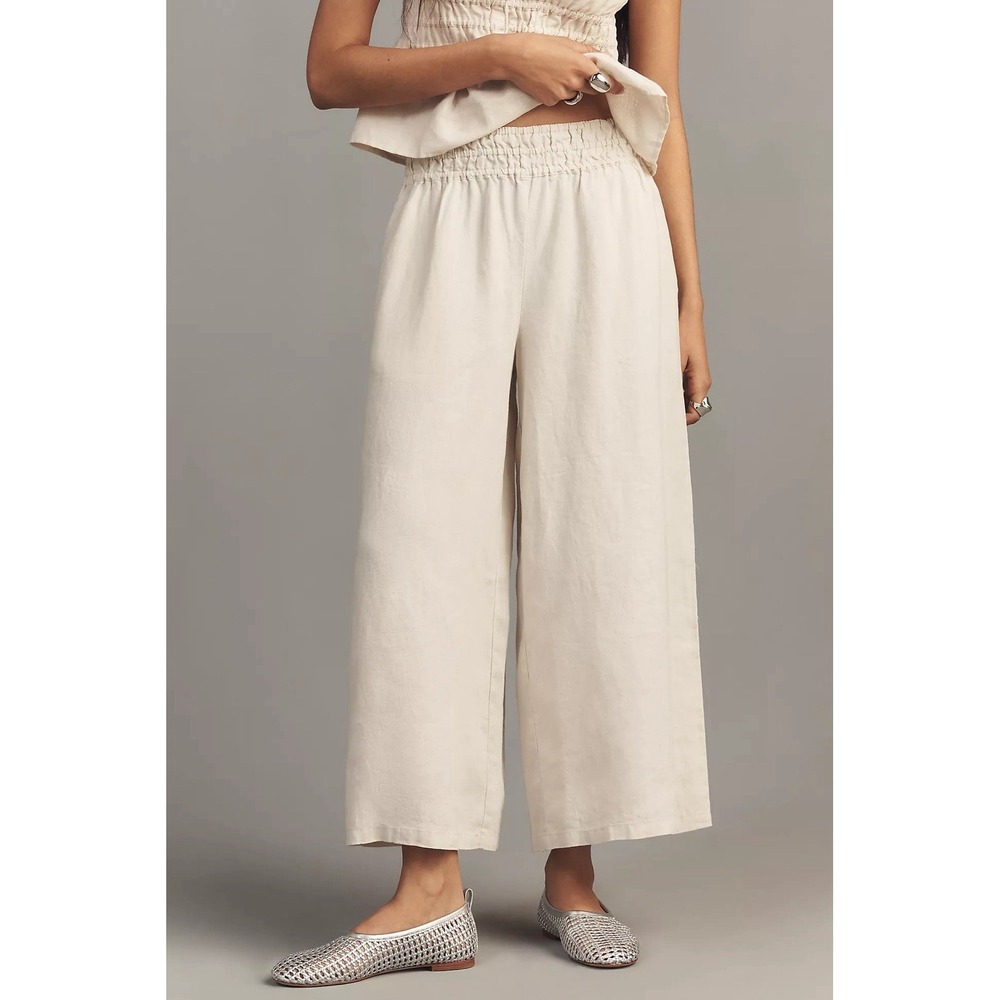 ANTHROPOLOGIE The Somerset Pull-On 100% Linen WIDE LEG PANTS BONE NWT SIZE L